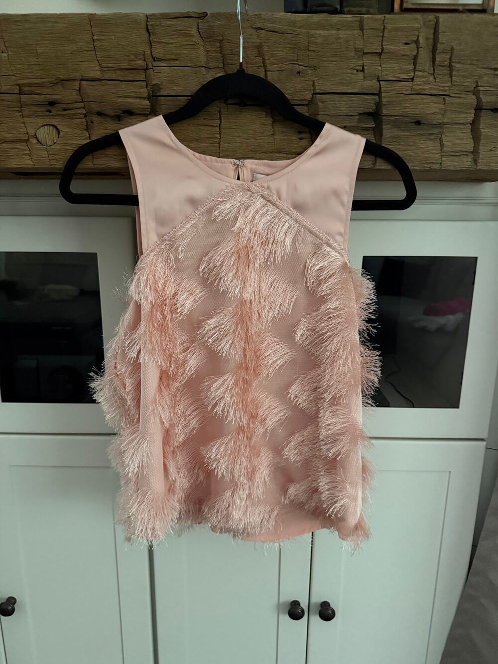Caché Blush Pink Fringe Eyelash Sleeveless Top Zip Back Small Boho Chic